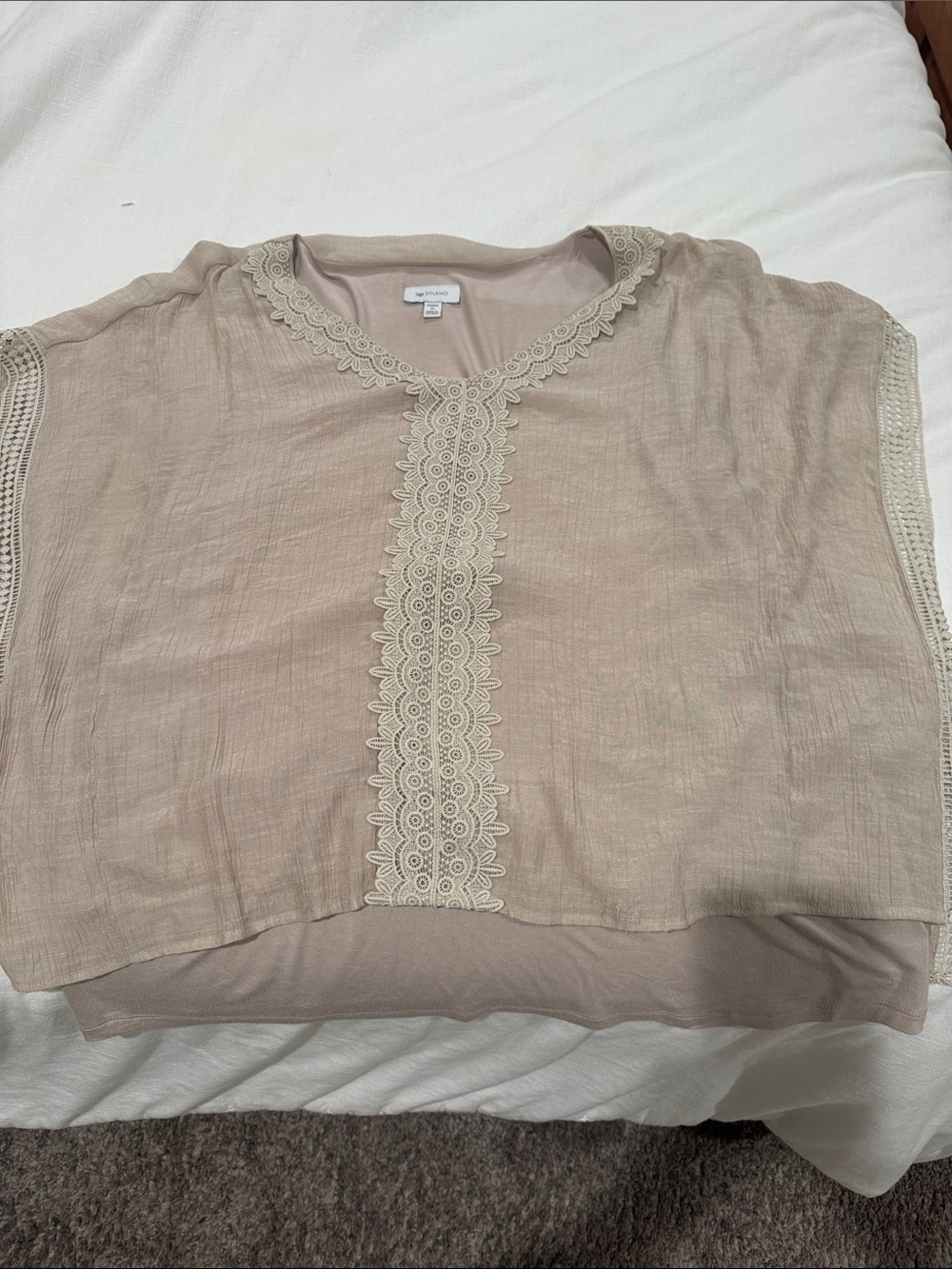 AB Studio Beige Lace-Trim Sleeveless Blouse with stretch tank attached